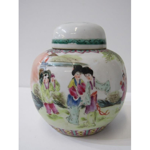 375 - ORIENTAL CERAMICS, famille rose lidded ginger jar, depicting figures in garden setting, 6 character ... 