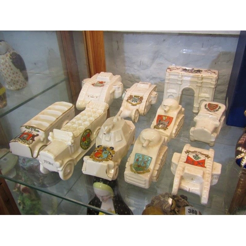 376 - CRESTED MILITARY CHINA, collection of 10 pieces including 3 tanks, 2 armoured cars and Shelley bus