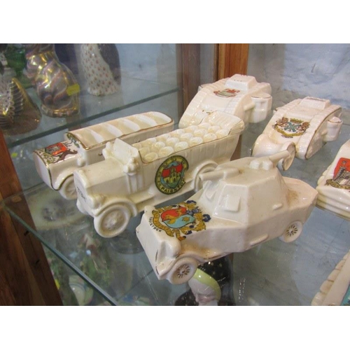 376 - CRESTED MILITARY CHINA, collection of 10 pieces including 3 tanks, 2 armoured cars and Shelley bus