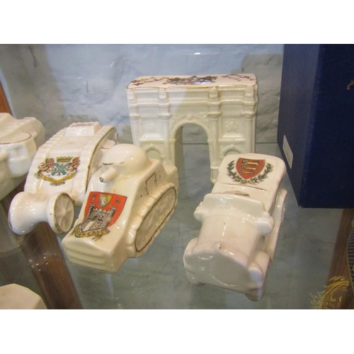 376 - CRESTED MILITARY CHINA, collection of 10 pieces including 3 tanks, 2 armoured cars and Shelley bus