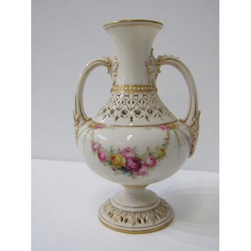 383 - WORCESTER RETICULATED TWIN HANDLED 14cm VASE with floral decoration; also Jacob Petit gilded figure ... 