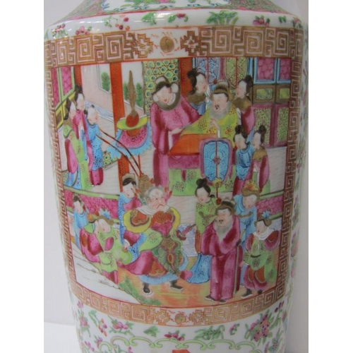 391 - ORIENTAL CERAMICS, 19th Century Canton club vase with 2 reserves of court scenes, 61cm height (hairl... 