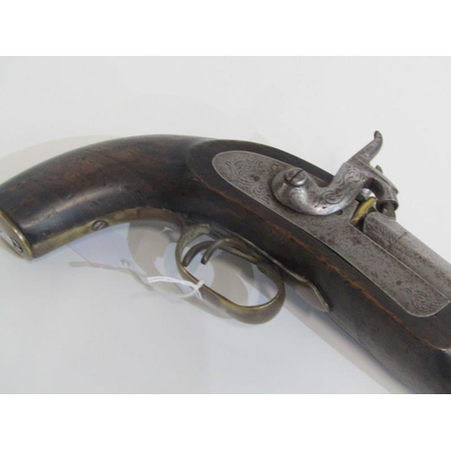 411 - EARLY 19TH CENTURY DOUBLE BARREL PERCUSSION CAP PISTOL, with walnut stock, 38cm