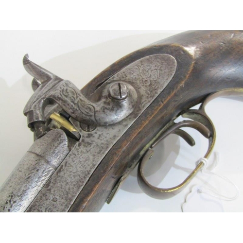 411 - EARLY 19TH CENTURY DOUBLE BARREL PERCUSSION CAP PISTOL, with walnut stock, 38cm