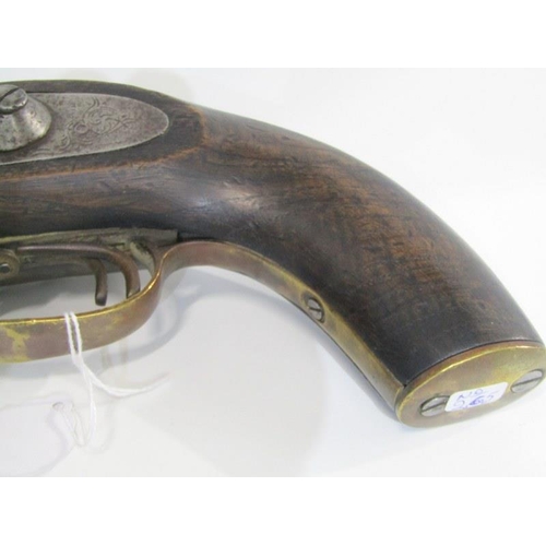 411 - EARLY 19TH CENTURY DOUBLE BARREL PERCUSSION CAP PISTOL, with walnut stock, 38cm