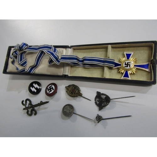 419 - ASSORTED GERMAN NAZI & OTHER BADGES, SS badge with dagger, a 1938 Nazi Mother's cross in case and 6 ... 