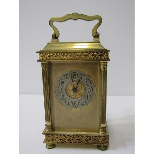 431 - CARRIAGE CLOCK, antique brass bevelled glass carriage clock with shamrock design, border and fluted ... 