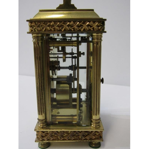 431 - CARRIAGE CLOCK, antique brass bevelled glass carriage clock with shamrock design, border and fluted ... 