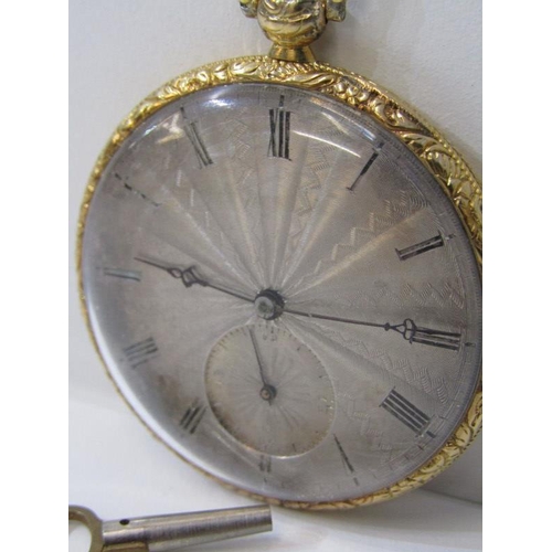 45 - 18ct GOLD CASED POCKET WATCH in a foliate and engine turned decorated case with steel dial and secon... 