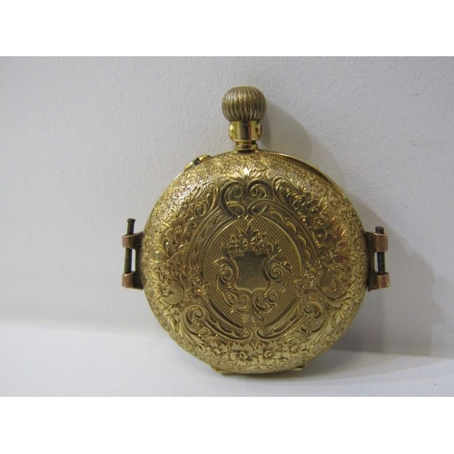 50 - GOLD POCKET FOB WATCH, 18ct gold foliate decorated fob watch, later converted to make wrist watch wi... 