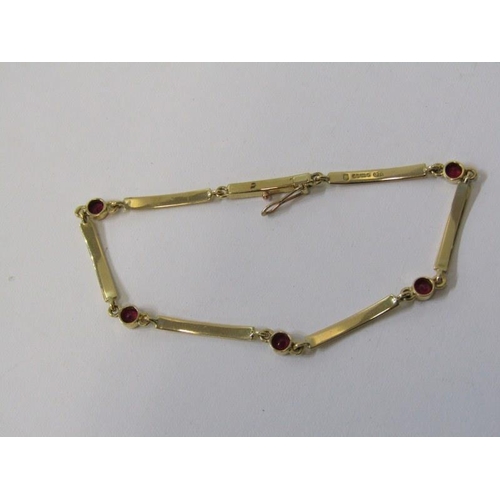 59 - GOLD & RUBY BRACELET, 18ct yellow gold bar bracelet, set 5 circular rubies, 7 inch's in length,  5.1... 