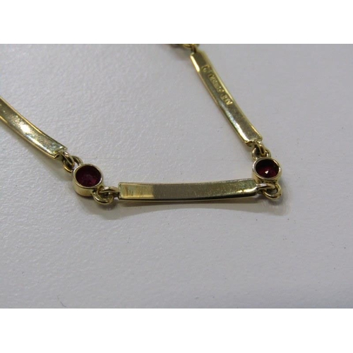 59 - GOLD & RUBY BRACELET, 18ct yellow gold bar bracelet, set 5 circular rubies, 7 inch's in length,  5.1... 