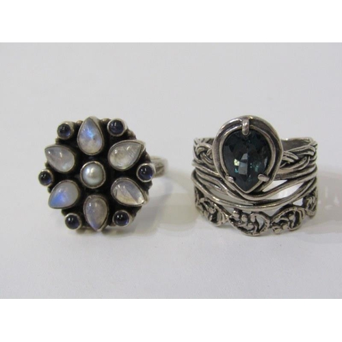 7 - 6 SILVER RINGS, 6 assorted silver rings, some stone set, others enamel set, also trilogy ring, etc, ... 