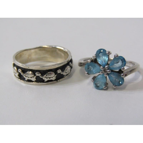 7 - 6 SILVER RINGS, 6 assorted silver rings, some stone set, others enamel set, also trilogy ring, etc, ... 