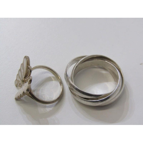 7 - 6 SILVER RINGS, 6 assorted silver rings, some stone set, others enamel set, also trilogy ring, etc, ... 