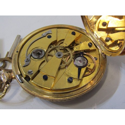 45 - 18ct GOLD CASED POCKET WATCH in a foliate and engine turned decorated case with steel dial and secon... 