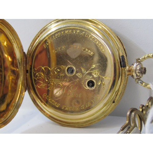 45 - 18ct GOLD CASED POCKET WATCH in a foliate and engine turned decorated case with steel dial and secon... 