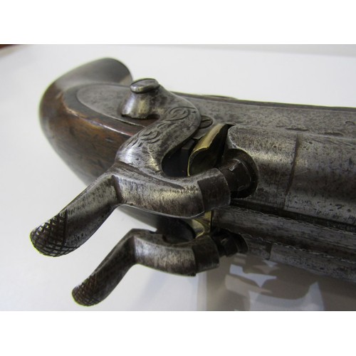 411 - EARLY 19TH CENTURY DOUBLE BARREL PERCUSSION CAP PISTOL, with walnut stock, 38cm