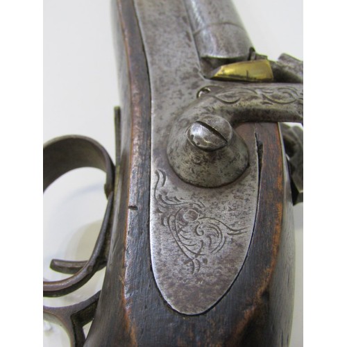 411 - EARLY 19TH CENTURY DOUBLE BARREL PERCUSSION CAP PISTOL, with walnut stock, 38cm