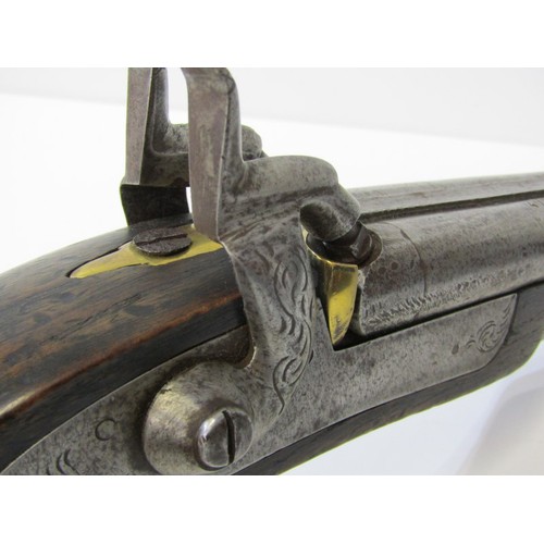 411 - EARLY 19TH CENTURY DOUBLE BARREL PERCUSSION CAP PISTOL, with walnut stock, 38cm