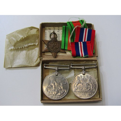 402 - MILITARIA, boxed WWII group of 3 medals, War & Defence medal 39/45 Star, box to G H Garrard, also AT... 