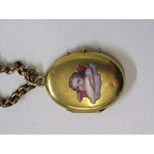 4A - VICTORIAN ENAMEL LOCKET, oval gold locket (tests as gold) with enamelled decoration of cherub on a 1... 