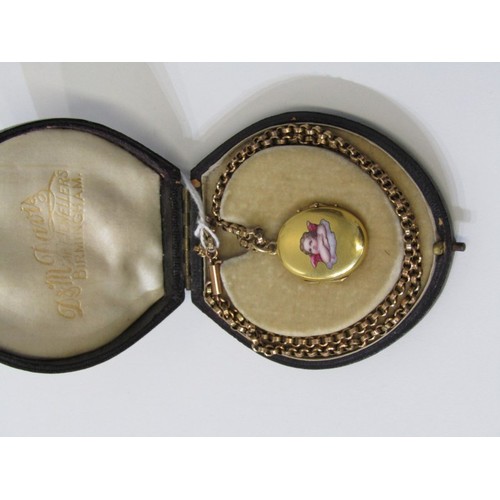 4A - VICTORIAN ENAMEL LOCKET, oval gold locket (tests as gold) with enamelled decoration of cherub on a 1... 