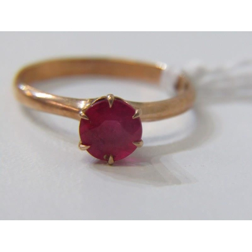 234 - RUBY SOLITAIRE RING, 9ct yellow gold ring set with a circular ruby, ring size M