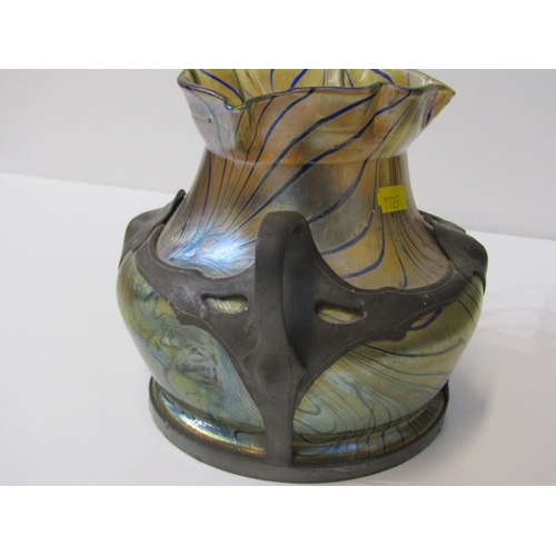 11 - ART NOUVEAU, Loetz-style vase, iridescent glass vase set in pewter mount (base crack), 18cm height