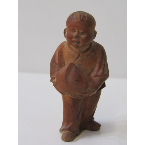 113 - ORIENTAL CARVING, Chinese carved boxwood figure of Young Man with peach of Immortality, 8cm height