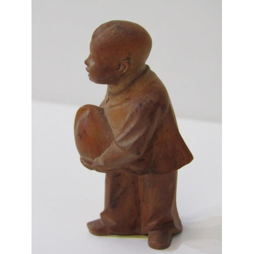 113 - ORIENTAL CARVING, Chinese carved boxwood figure of Young Man with peach of Immortality, 8cm height