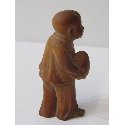 113 - ORIENTAL CARVING, Chinese carved boxwood figure of Young Man with peach of Immortality, 8cm height