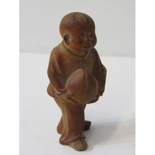 113 - ORIENTAL CARVING, Chinese carved boxwood figure of Young Man with peach of Immortality, 8cm height