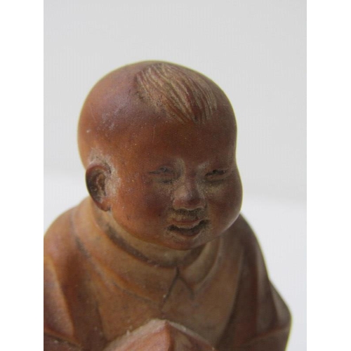 113 - ORIENTAL CARVING, Chinese carved boxwood figure of Young Man with peach of Immortality, 8cm height