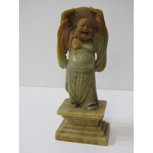 114 - ORIENTAL CARVING, a carved soapstone figure on plinth, 18cm height