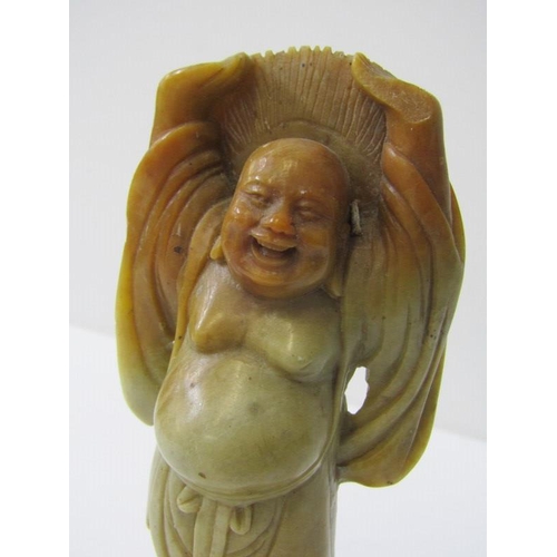 114 - ORIENTAL CARVING, a carved soapstone figure on plinth, 18cm height