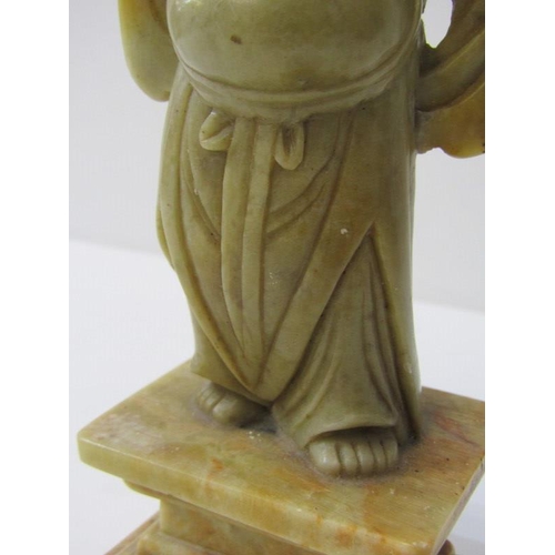 114 - ORIENTAL CARVING, a carved soapstone figure on plinth, 18cm height