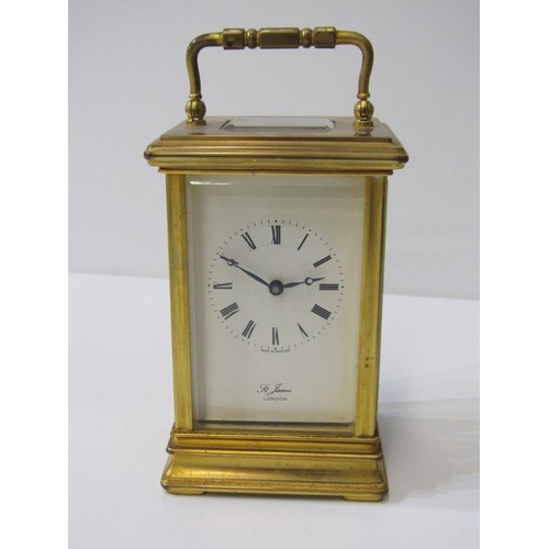 118 - CARRIAGE CLOCK, plain brass case bevelled glass carriage clock by St James with key