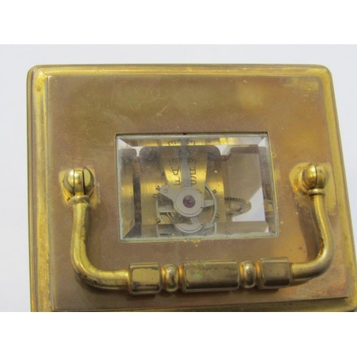 118 - CARRIAGE CLOCK, plain brass case bevelled glass carriage clock by St James with key