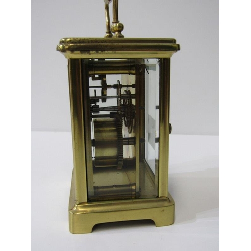 120 - CARRIAGE CLOCK, plain brass and bevelled glass carriage clock, 12cm height