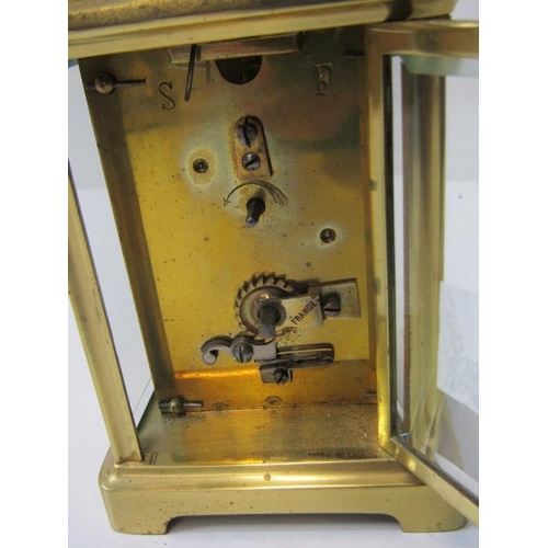 120 - CARRIAGE CLOCK, plain brass and bevelled glass carriage clock, 12cm height