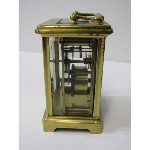 120 - CARRIAGE CLOCK, plain brass and bevelled glass carriage clock, 12cm height