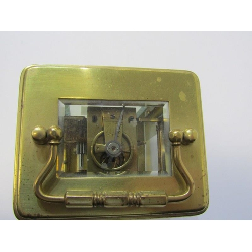 120 - CARRIAGE CLOCK, plain brass and bevelled glass carriage clock, 12cm height