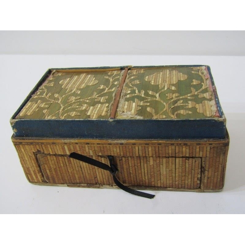 124 - ANTIQUE BONE EMBROIDERY SHUTTLES, antique tartan ware money box, straw work box & turned wood needle... 