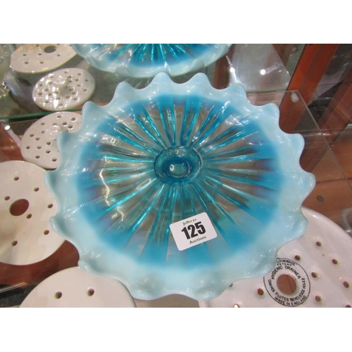 125 - ANTIQUE OPALESCENT GLASS, comport vase, dishes, together with some antique pottery strainers