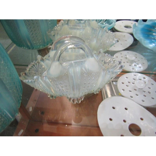 125 - ANTIQUE OPALESCENT GLASS, comport vase, dishes, together with some antique pottery strainers