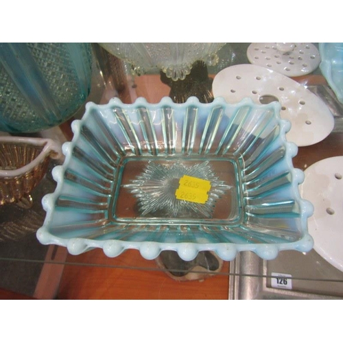 125 - ANTIQUE OPALESCENT GLASS, comport vase, dishes, together with some antique pottery strainers