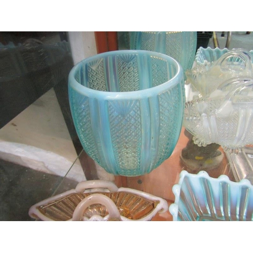 125 - ANTIQUE OPALESCENT GLASS, comport vase, dishes, together with some antique pottery strainers