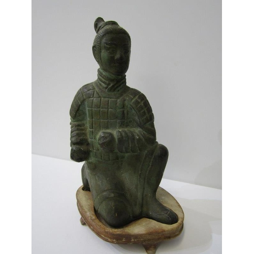 126 - ORIENTAL METALWARE, Chinese bronze kneeling nobleman on stand, 23cm height; together with plated pho... 