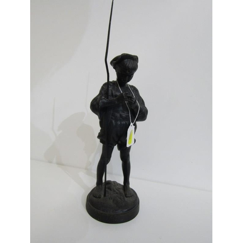 131 - METAL SCULPTURE, circular base sculpture of young boy with fishing rod, 53cm height